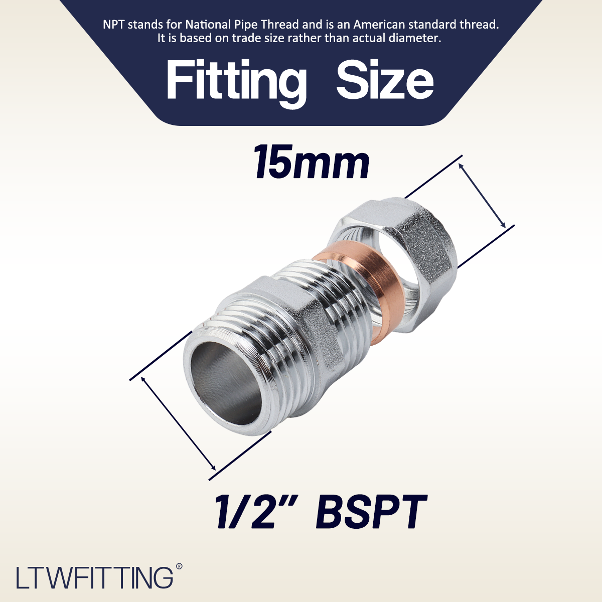 LTWFITTING Chrome Plated Brass 15mm OD x 1/2-Inch Male BSPT Compression Connector Fitting(Pack of 5)