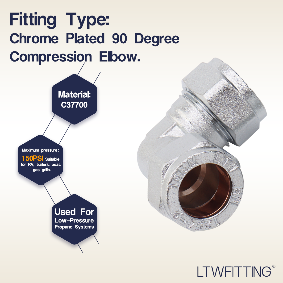 LTWFITTING Chrome Plated 90 Degree 15mm OD Compression Elbow, Brass Compression Fitting (Pack of 2)