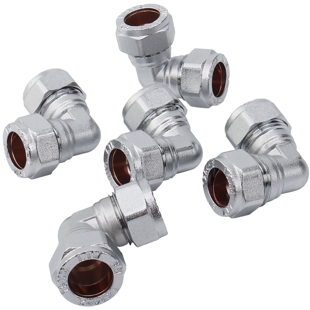 LTWFITTING Chrome Plated 90 Degree 15mm OD Compression Elbow, Brass Compression Fitting (Pack of 5)