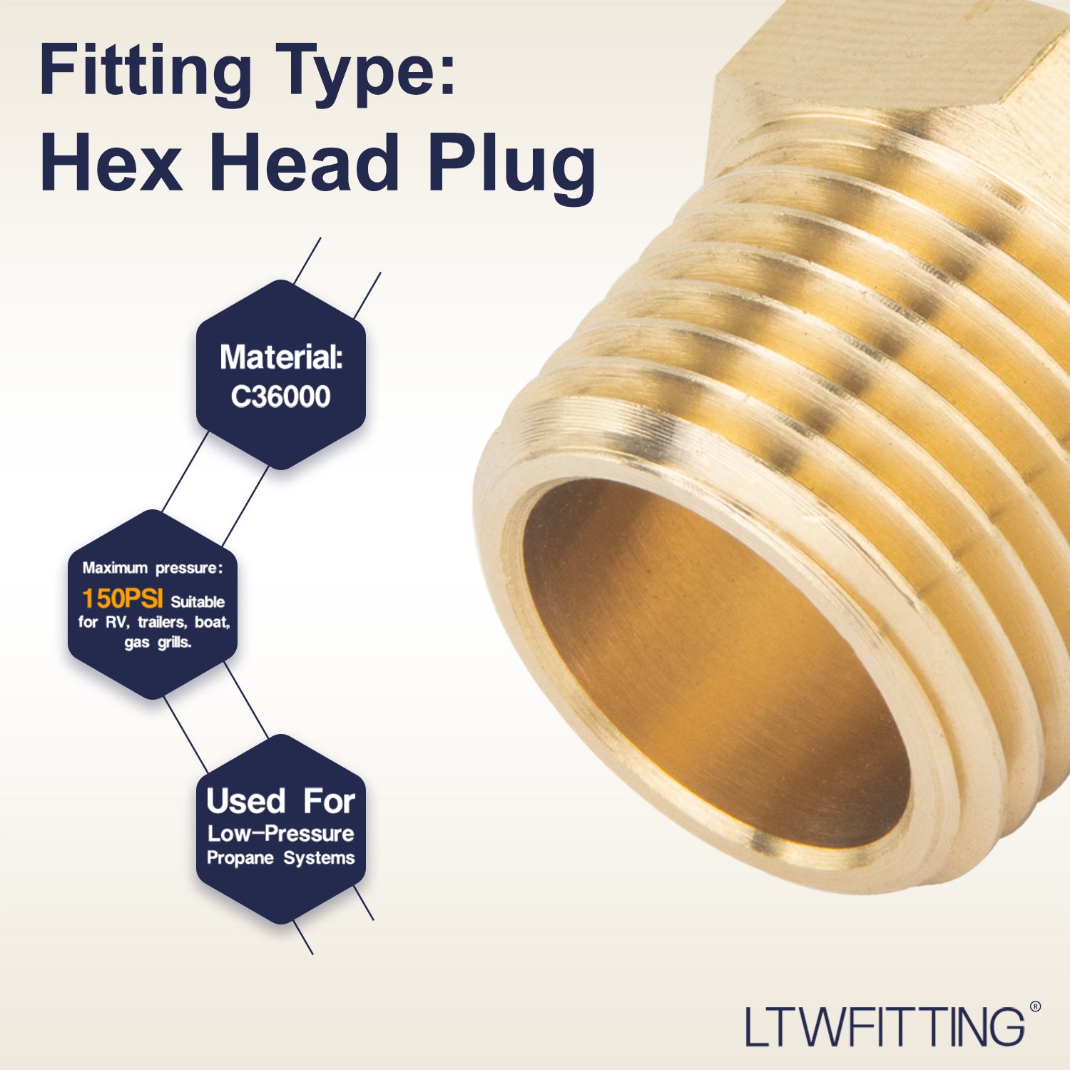 LTWFITTING Brass BSP Pipe Hex Head Plug Fittings 1/2-Inch Male BSPP Air Fuel Water Boat (Pack of 5)