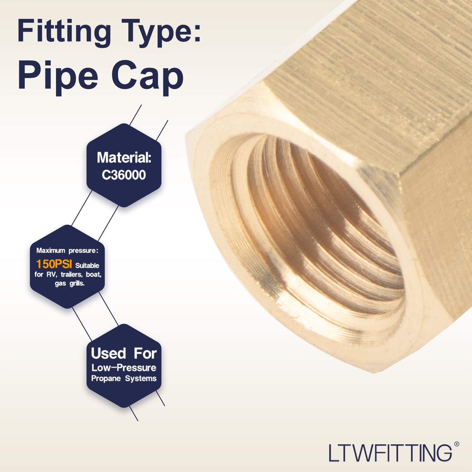 LTWFITTING Brass BSP Pipe Cap Fittings 1/8-Inch Female BSPP Air Fuel Water Boat (Pack of 5)