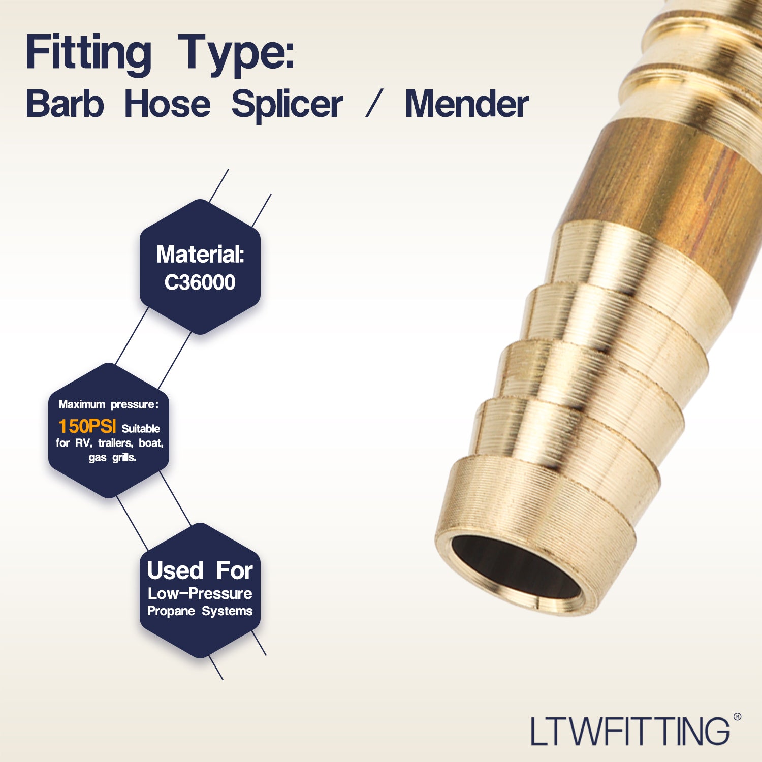 LTWFITTING Brass Barb Splicer Mender 10mm ID Hose Fitting Air Water Fuel Boat (Pack of 25)