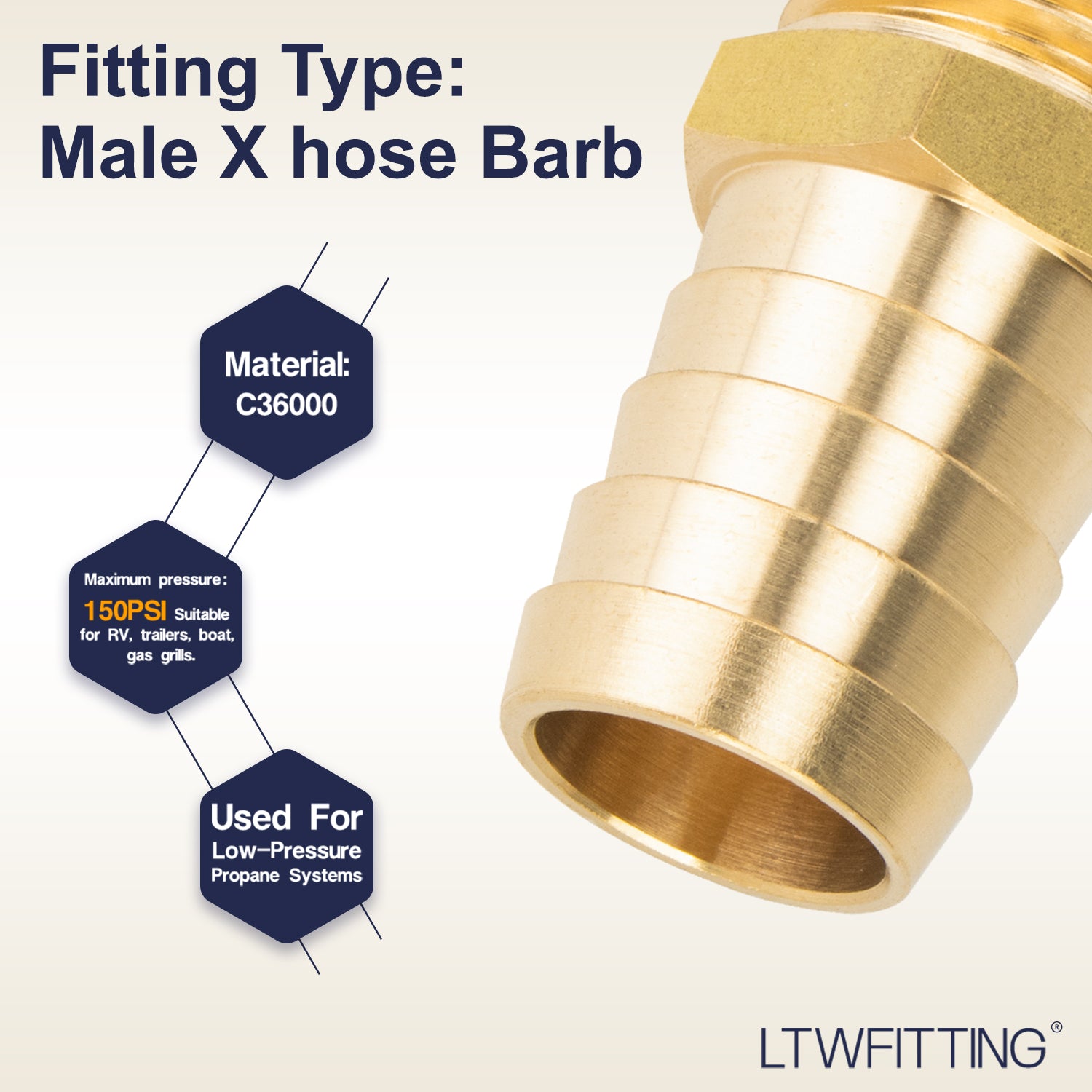 LTWFITTING Brass BSP Barbed Fitting Coupler / Connector 1/2-Inch Male BSPP x 3/4-Inch(19mm)Hose Barb Fuel Gas Water (Pack of 25)