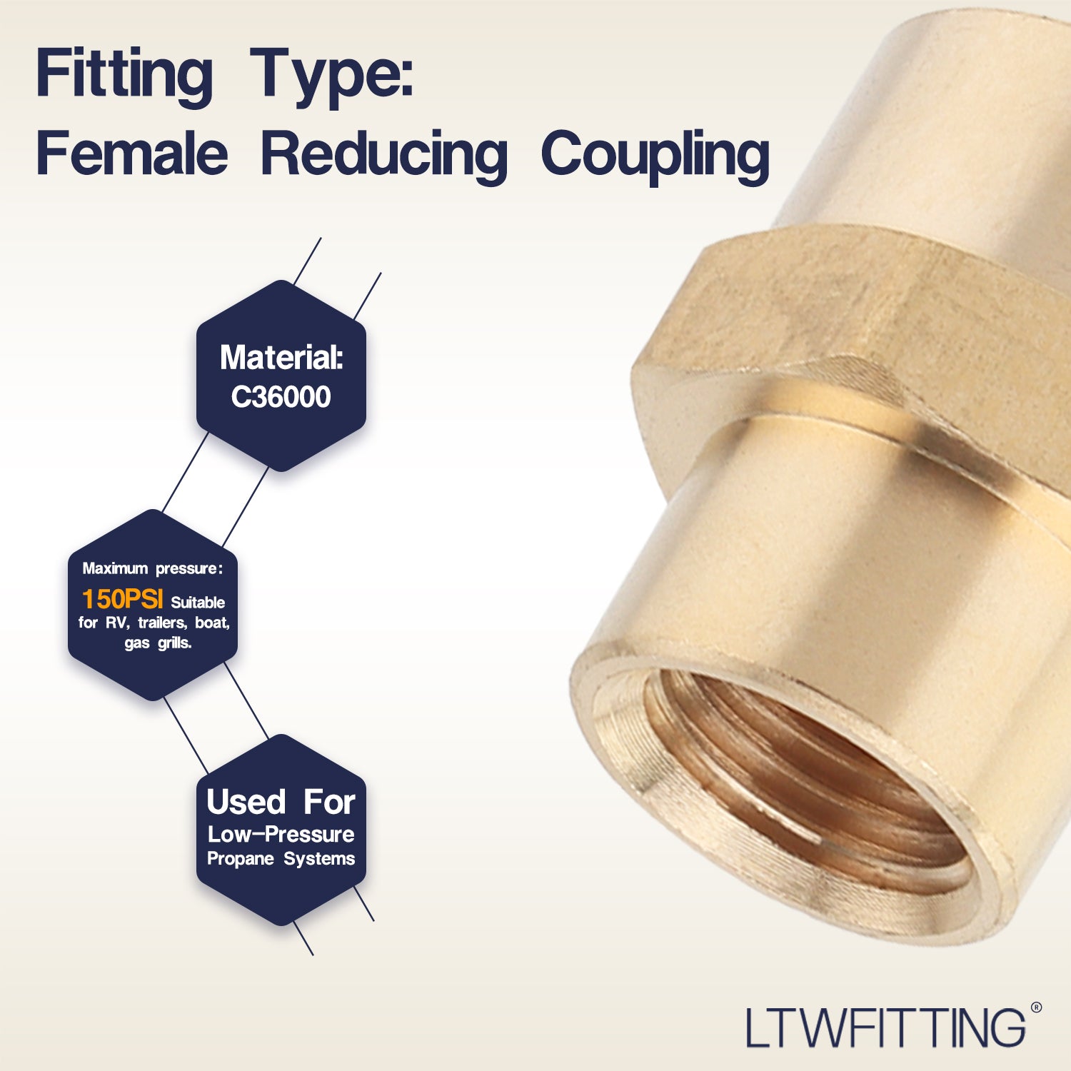 LTWFITTING Brass BSP Pipe Fitting 3/8-Inch x 1/4-Inch Female BSPP Reducing Coupling Water Boat (Pack of 5)