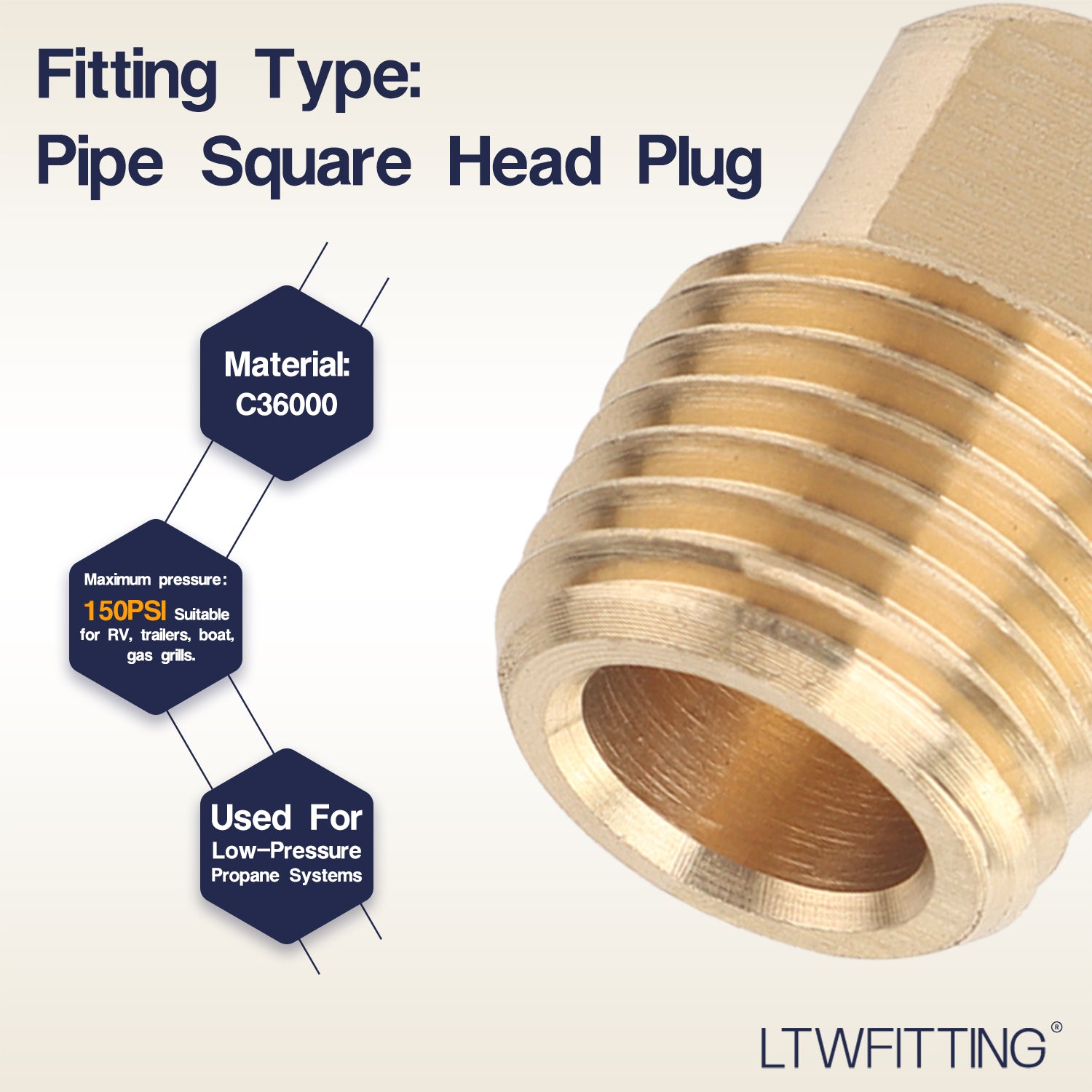 LTWFITTING Brass Pipe Square Head Plug Fittings 1/4-Inch Male BSPT Air Fuel Water Boat (Pack of 5)