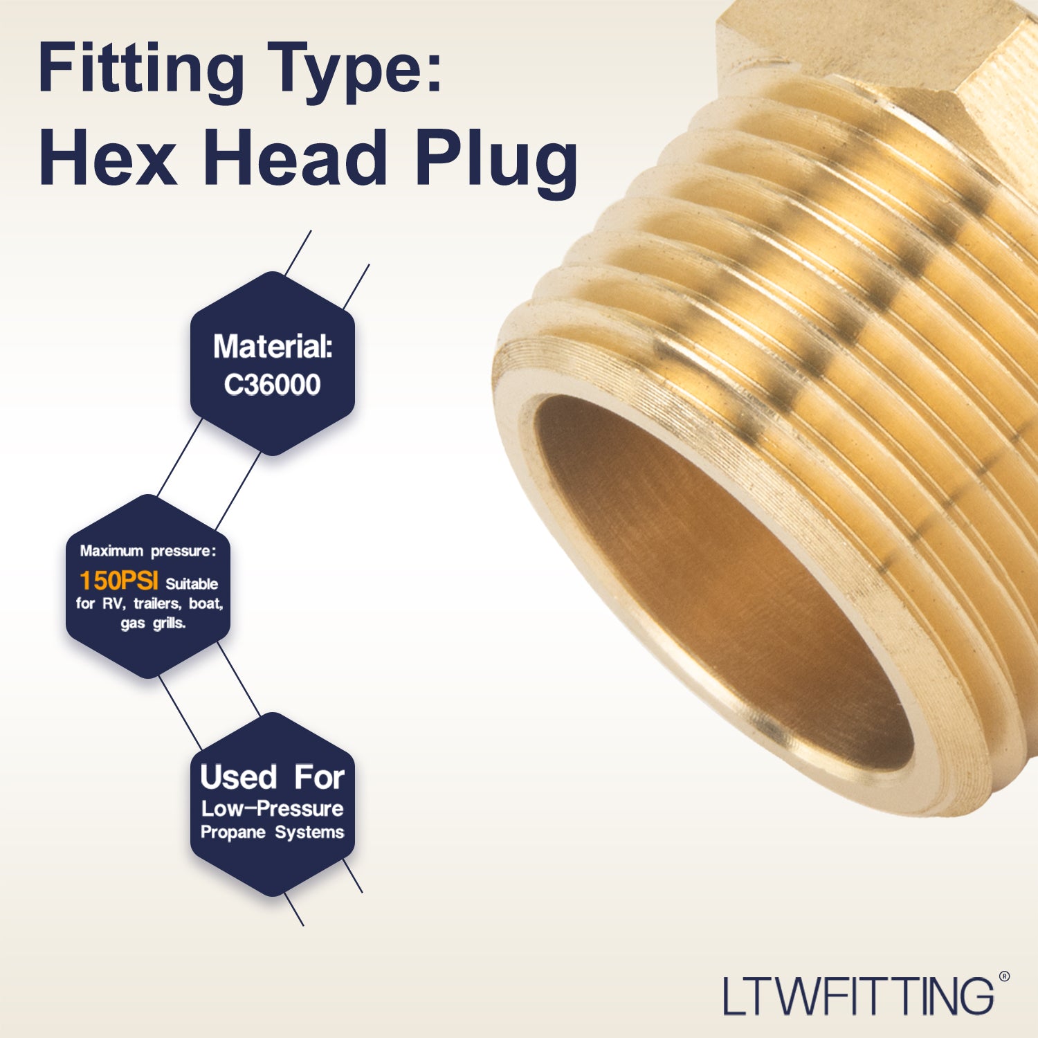 LTWFITTING Brass Pipe Hex Head Plug Fittings 3/4-Inch Male BSPT Air Fuel Water Boat (Pack of 5)