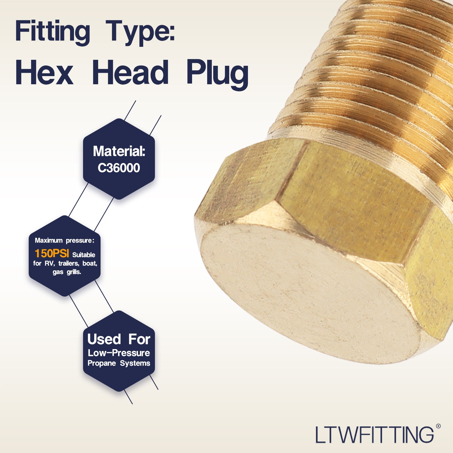 LTWFITTING Brass Pipe Hex Head Plug Fittings 1/8-Inch Male BSPT Air Fuel Water Boat (Pack of 5)