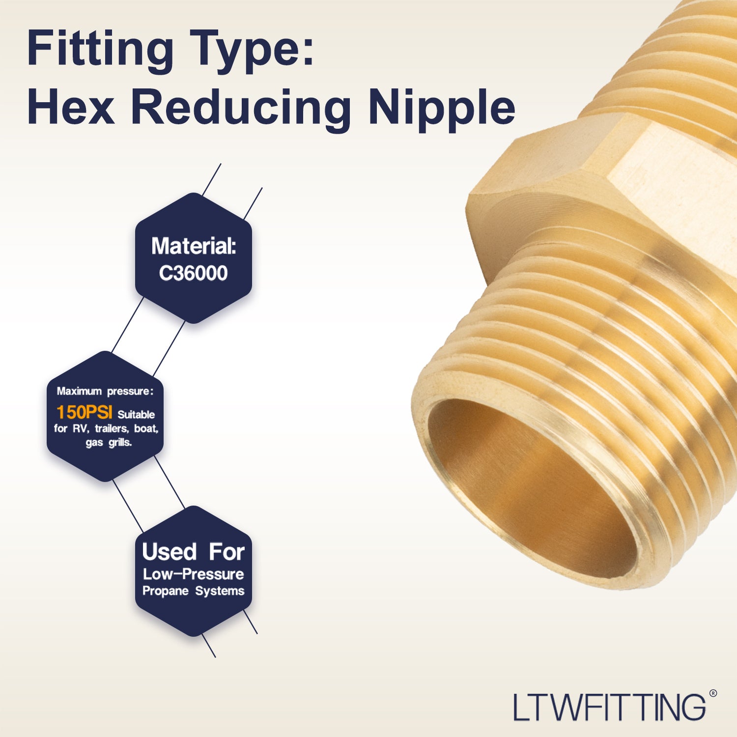 LTWFITTING Brass Pipe Hex Reducing Nipple Fitting 1-Inch x 3/4-Inch Male BSPT (Pack of 100)