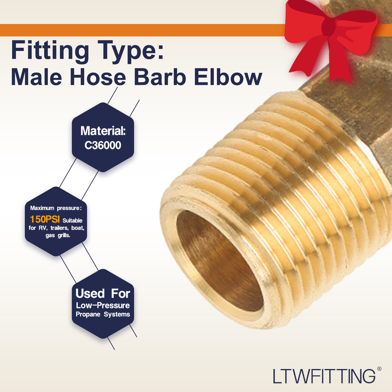 LTWFITTING 90 Deg Elbow Brass Barb Fitting 3/8-Inch Male BSPT x 5/8-Inch(16mm) ID Hose Fuel Boat Water (Pack of 5)