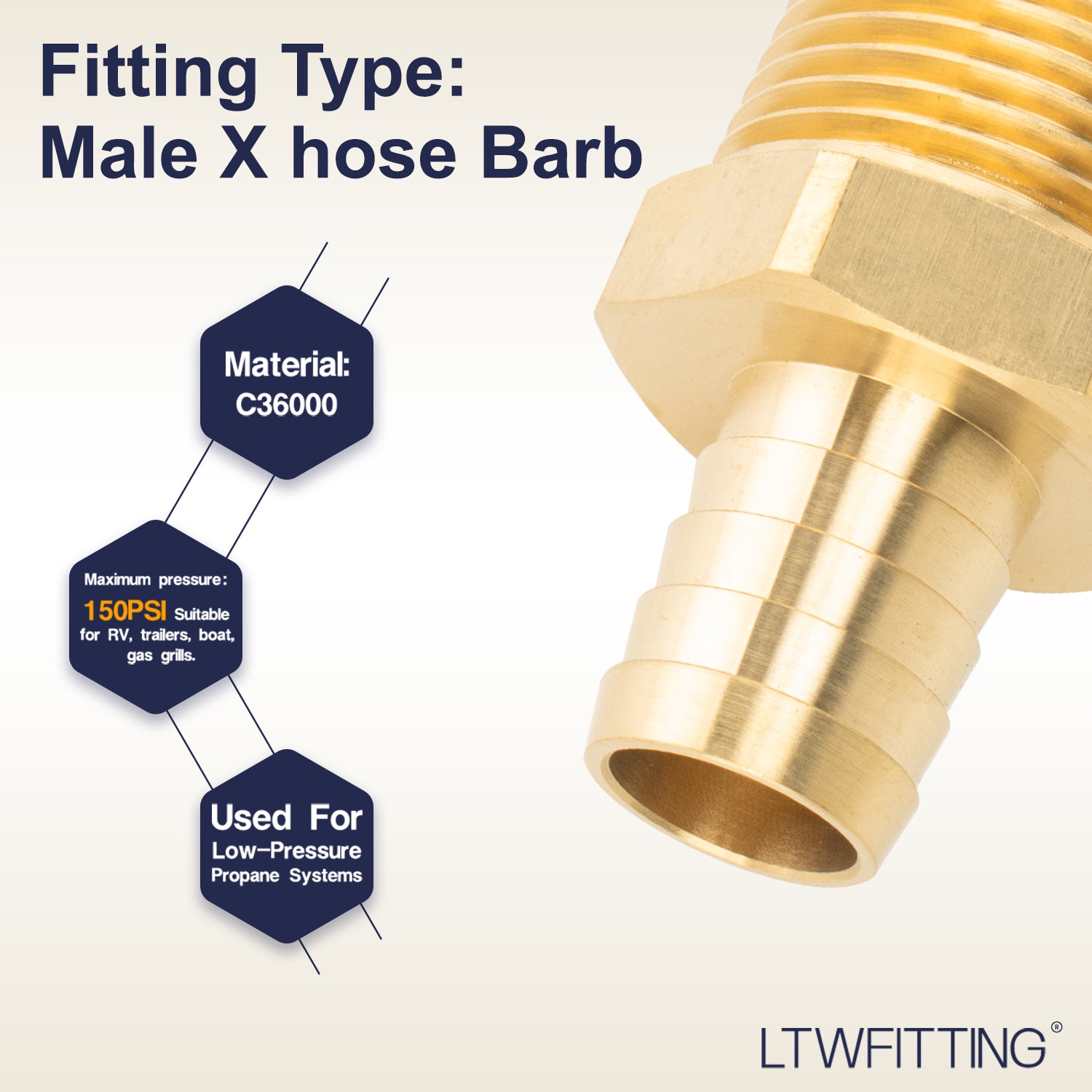 LTWFITTING Brass Barbed Fitting Coupler/Connector 1-Inch Male BSPT x 3/4-Inch(19mm) Hose Barb Fuel Gas Water (Pack of 5)