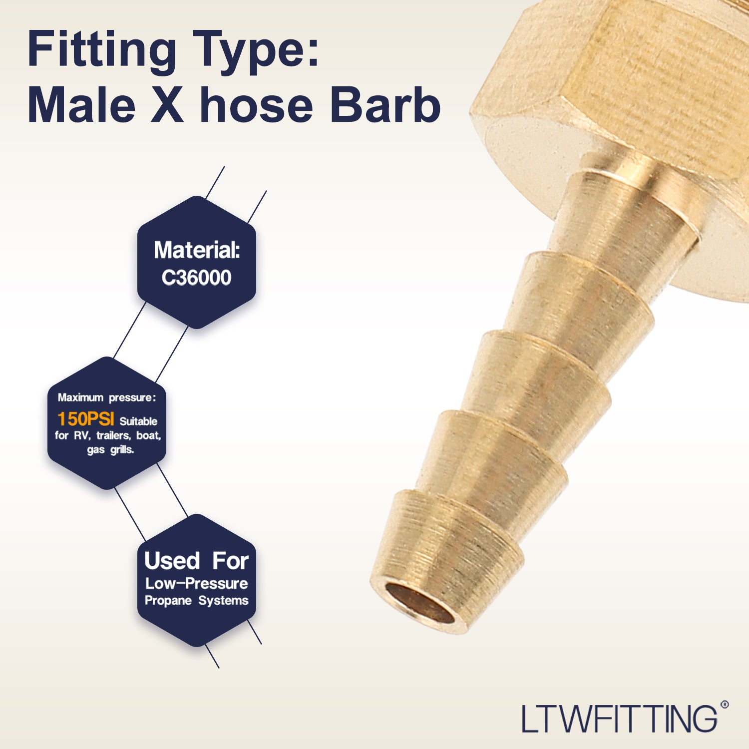 LTWFITTING Brass Barbed Fitting Coupler/Connector 1/8-Inch Male BSPT x 1/8-Inch(3mm) Hose Barb Fuel Gas Water (Pack of 5)