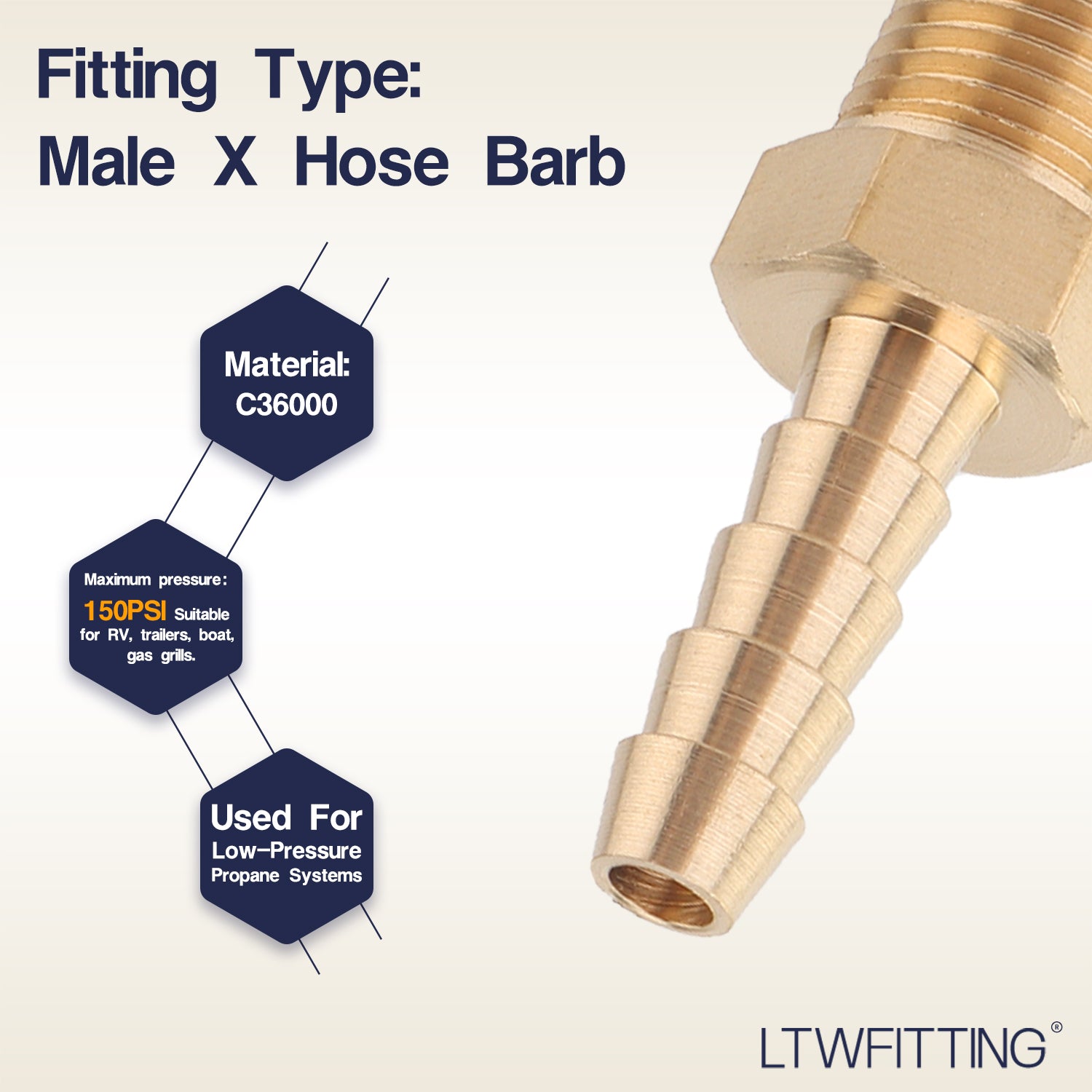 LTWFITTING Brass Barbed Fitting Coupler/Connector 1/8-Inch Male BSPT x 3/16-Inch(5mm) Hose Barb Fuel Gas Water (Pack of 25)