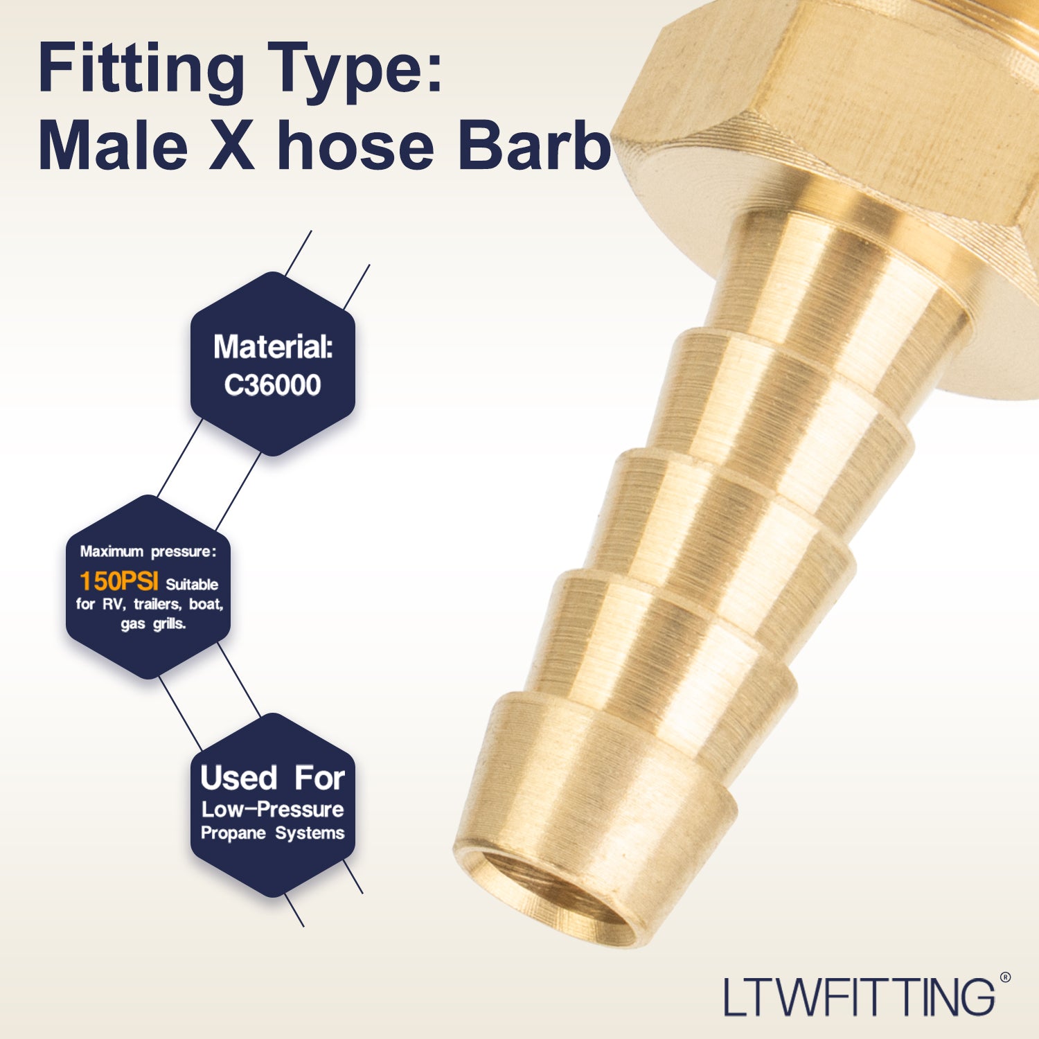 LTWFITTING Brass Barbed Fitting Coupler/Connector 1/4-Inch Male BSPT x 1/4-Inch(6mm) Hose Barb Fuel Gas Water (Pack of 25)