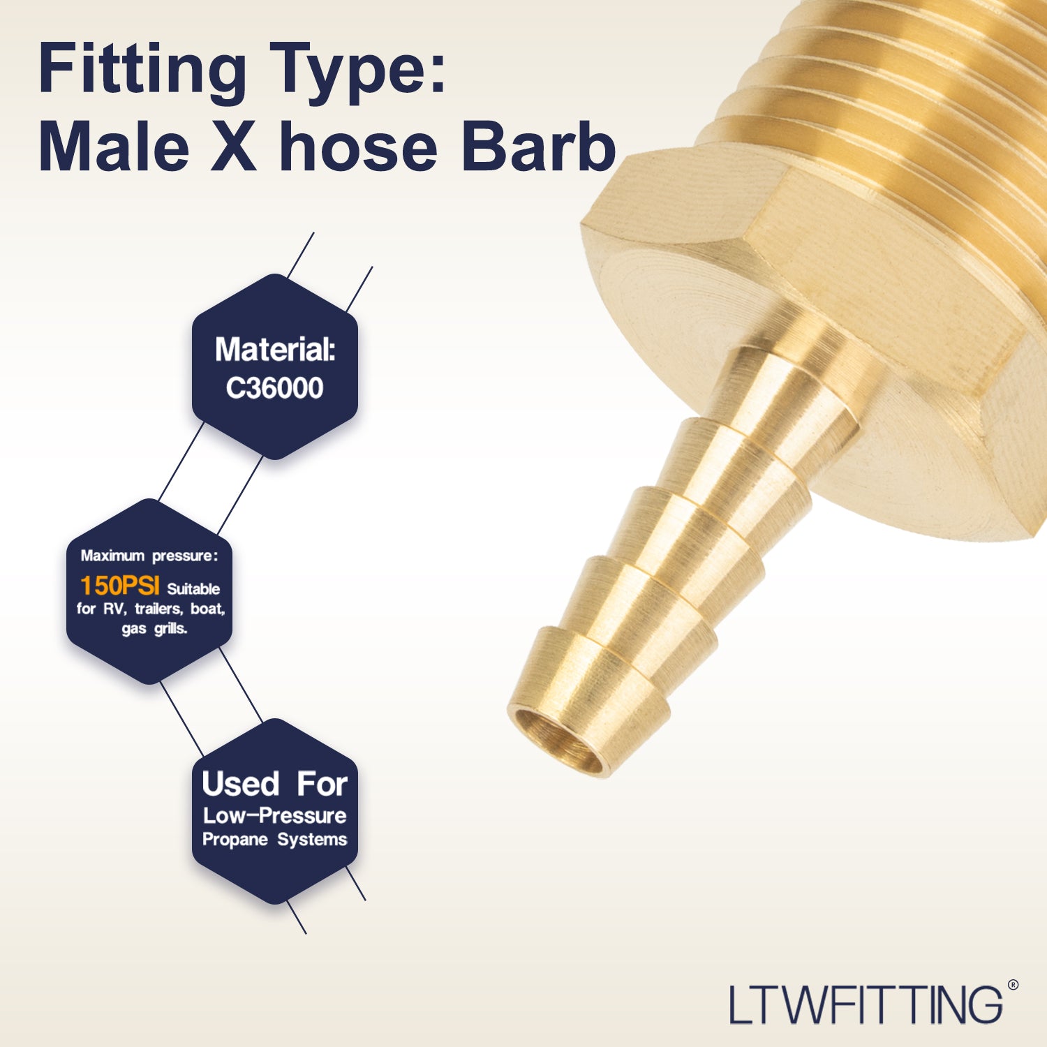 LTWFITTING Brass Barbed Fitting Coupler/Connector 1/2-Inch Male BSPT x 1/4-Inch(6mm) Hose Barb Fuel Gas Water (Pack of 25)