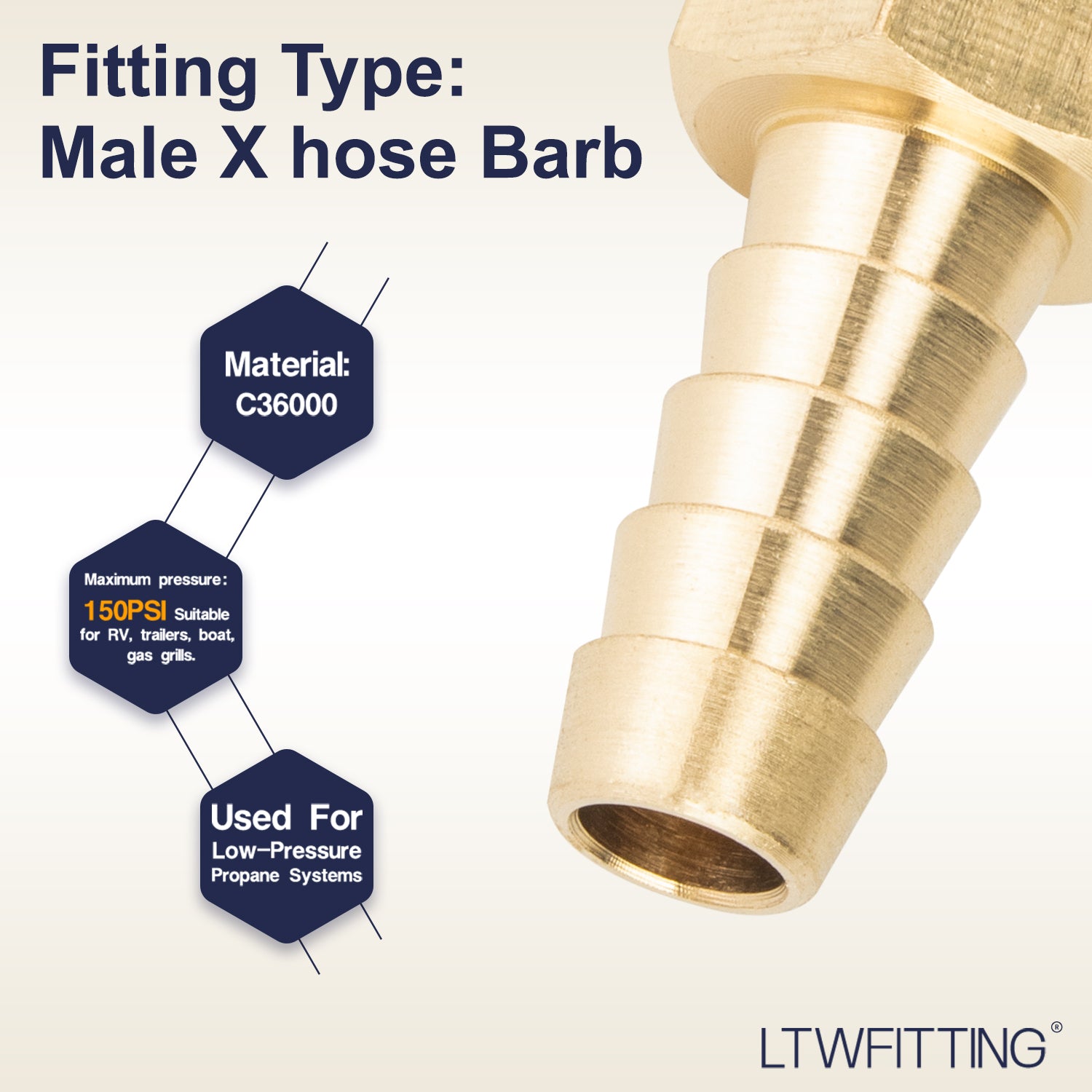 LTWFITTING Brass Barbed Fitting Coupler/Connector 1/4-Inch Male BSPT x 5/16-Inch(8mm) Hose Barb Fuel Gas Water (Pack of 5)