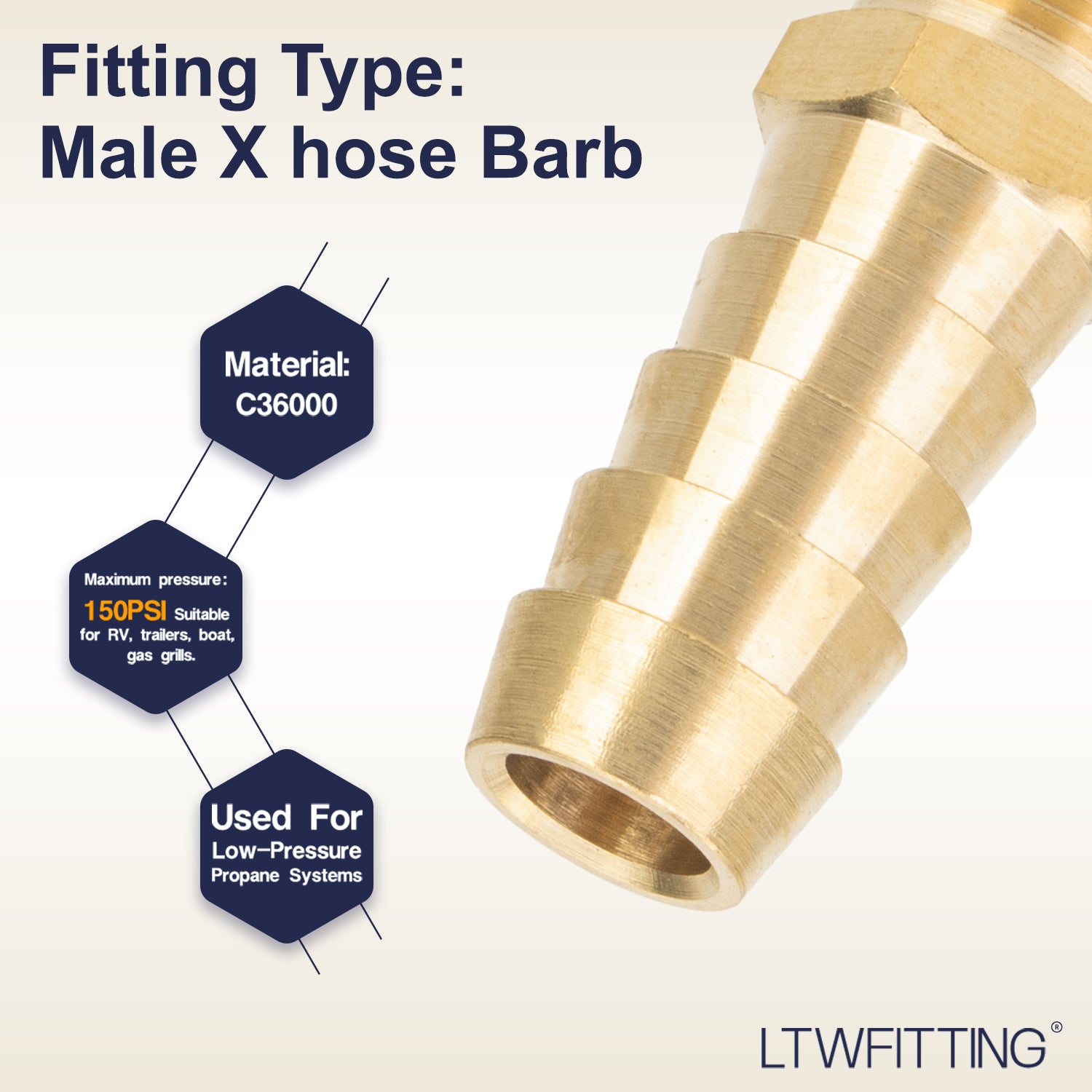 LTWFITTING Brass Barbed Fitting Coupler/Connector 1/8-Inch Male BSPT x 3/8-Inch(10mm) Hose Barb Fuel Gas Water (Pack of 5)