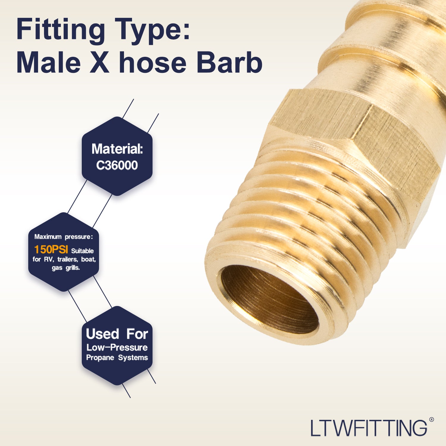 LTWFITTING Brass Barbed Fitting Coupler/Connector 1/4-Inch Male BSPT x 1/2-Inch(12mm) Hose Barb Fuel Gas Water (Pack of 5)