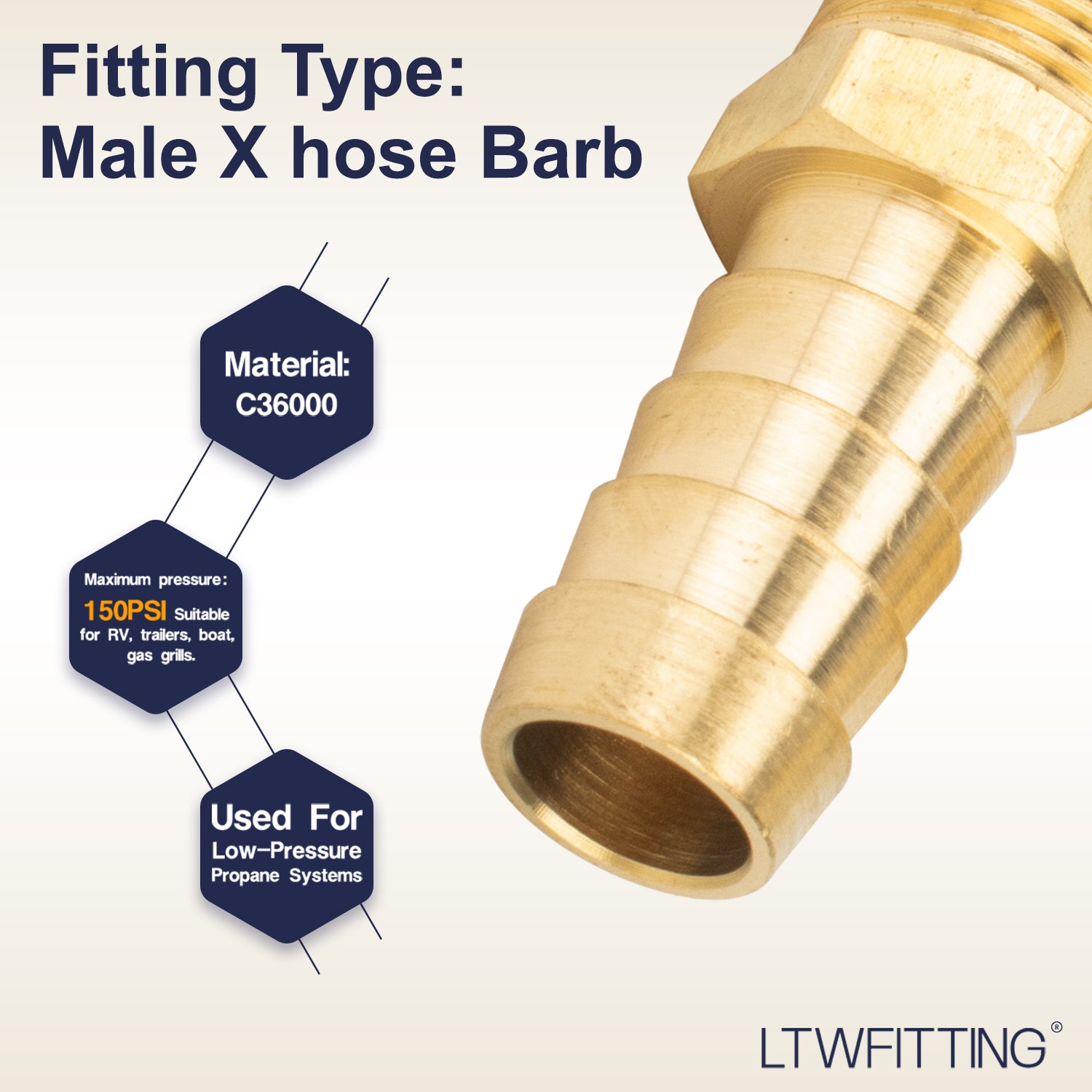 LTWFITTING Brass Barbed Fitting Coupler/Connector 3/8-Inch Male BSPT x 1/2-Inch(12mm) Hose Barb Fuel Gas Water (Pack of 25)