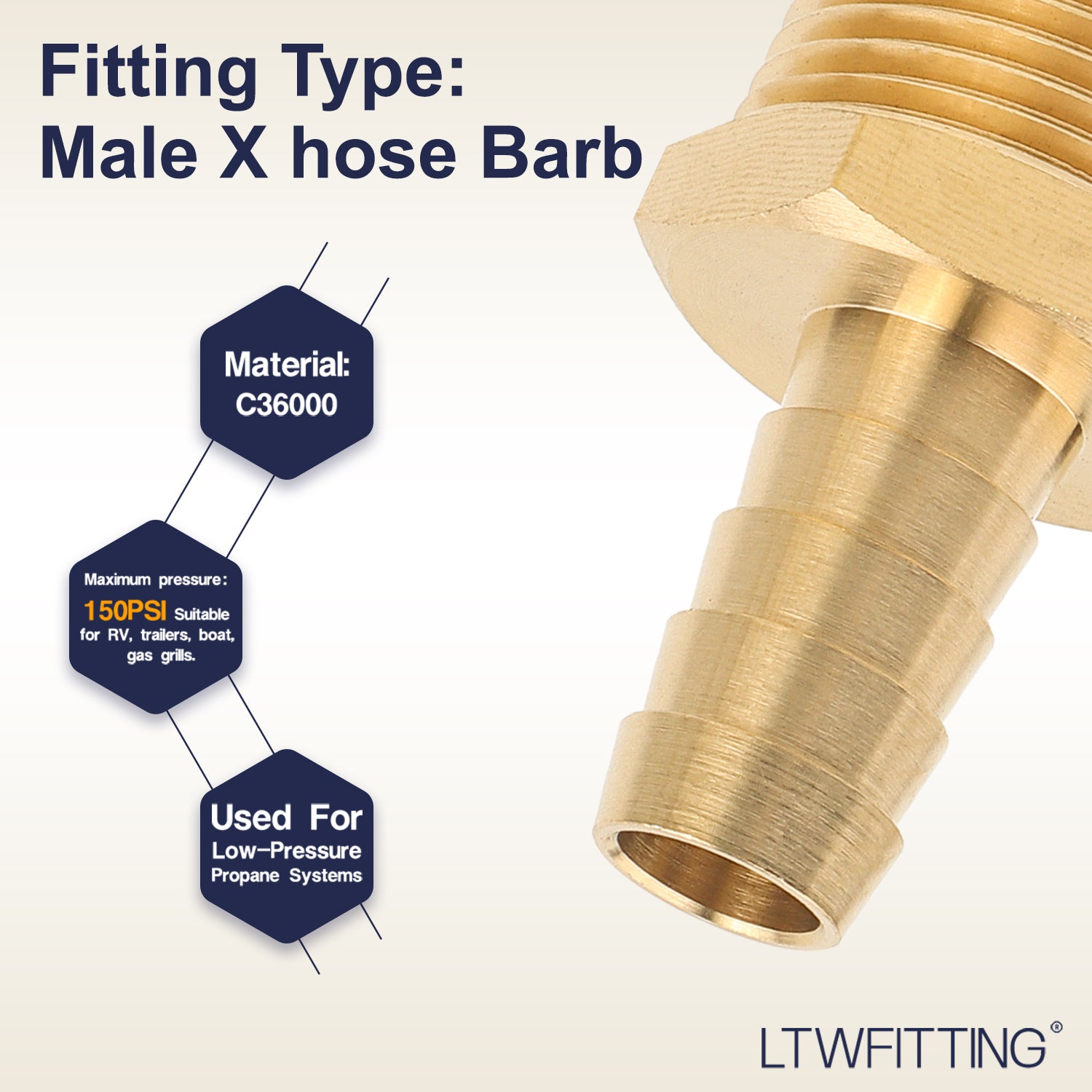 LTWFITTING Brass Barbed Fitting Coupler/Connector 3/4-Inch Male BSPT x 1/2-Inch(12mm) Hose Barb Fuel Gas Water (Pack of 25)