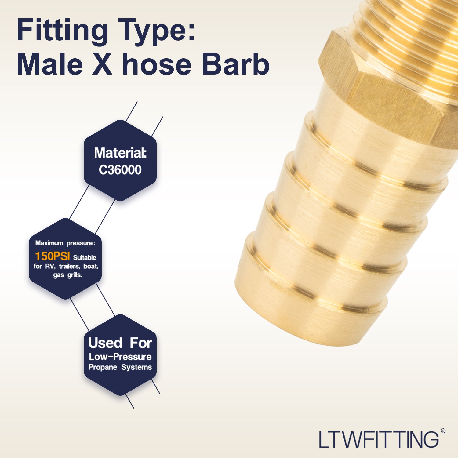 LTWFITTING Brass Barbed Fitting Coupler/Connector 3/8-Inch Male BSPT x 5/8-Inch(16mm) Hose Barb Fuel Gas Water (Pack of 25)