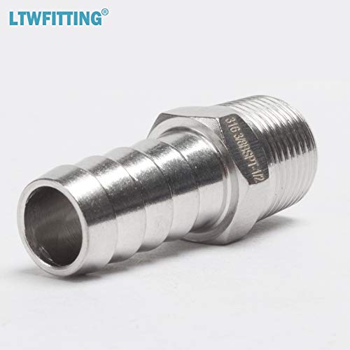 LTWFITTING Stainless Steel 316 Barbed Fitting Connector 3/8-Inch Male BSPT x 1/2-Inch(12mm) Hose Barb Fuel Gas (Pack of 25)